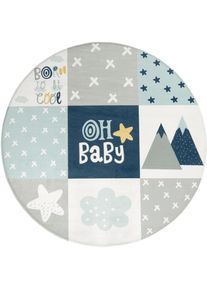 Kinderteppich »Chicos 554« rund 2 mm Höhe gewebt, Patchwork Design, mit Schriftzug & Regenbogen oder Sternen , blau , Paco Home , Obermaterial:...