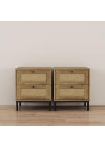 Nachtkommode »Motala Nachtschrank Set BOHO Style mit Geflecht Schubladen Bestseller« Set, 2 Schränke im Set - Eichen-Design mit schwarzen Griffen ,...