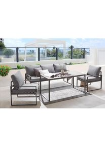 Ambia Garden Dining-Loungeset , Anthrazit, Grau, Schwarz , Metall, Glas, Textil , 4-teilig , F&uuml;llung: Schaumstoff,Polyester , eckig , wetterbest&auml;ndig, Tisch mit Glasplatte , Gartenm&ouml;bel, Gartengarnituren, Gartenm&ouml;bel-Sets
