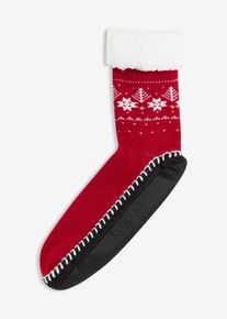 Chaussettes d&rsquo;int&eacute;rieur avec semelle antiglisse cousue et doublure moumoute en rouge, Taille 35-38, Couleur/Motif: rouge fonc&eacute; motif, bonprix