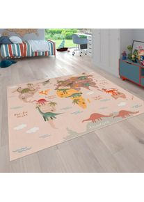 Kinderteppich »Bino 583« rechteckig 4 mm Höhe Spielteppich, Motiv Weltkarte & Dinosaurier, Kinderzimmer , beige , Paco Home , Obermaterial: 100%...