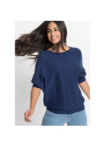bonprix , Damen , Strickpullover Feinstrickpullover aus Baumwoll-Mix , blau , Feinstrickpullover mit Rundhalsausschnitt und kurzen Fledermausärmeln