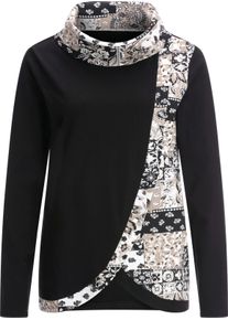 Damen Rollkragen-Shirt schwarz-ecru-bedruckt