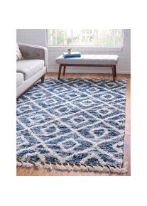 MyFlair Hochflor-Teppich »Top Shag, LAGERRÄUMUNG!« rechteckig 32 mm Höhe gewebt, Rauten Design, melierte Optik, weich & kuschelig, mit Fransen , blau ,...