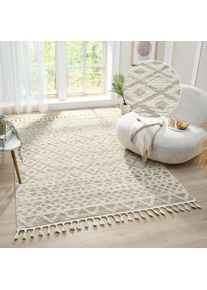 Teppich »Ribeyret« rechteckig 11 mm Höhe mit Fransen, Hoch-Tief-Struktur, Woll-Look, Boho-Style, Wohnzimmer , beige , my home , Obermaterial: 70%...