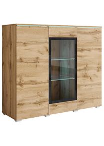 P & B Highboard , Eiche Wotan , Holzwerkstoff , 9 F&auml;cher , kaltweiss , 120x103.3x39.5 cm , FSC , stehend, Beleuchtung , Kleinm&ouml;bel, Kommoden, Highboards