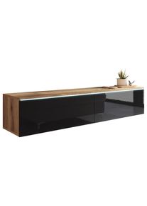 P & B Lowboard , Eiche Wotan, Schwarz Hochglanz , Holzwerkstoff , kaltweiss , 140x30x33 cm , Fsc, Made in EU , stehend, h&auml;ngend, Beleuchtung, in verschiedenen Holzdekoren erh&auml;ltlich , Wohnzimmer, TV M&ouml;bel, Lowboards, Lowboards stehend