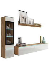 P & B Wohnwand , Eiche Wotan, Weiss Hochglanz , Glas, Holzwerkstoff , 3-teilig , 3 Fächer , kaltweiss , 210x130x33 cm , Made in EU, FSC , stehend, hängend, Beleuchtung, in verschiedenen Holzdekoren erhältlich , Wohnzimmer, Wohnwände, Komplette Wohnwände