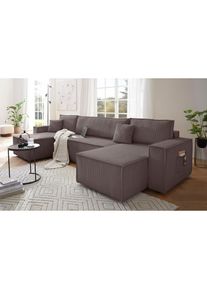 Wohnlandschaft »CASSI, 311 cm, U-Form, Schlafsofa, Bettkasten, Boxspringfederung, Cord« Schlaffunktion (133/270cm), Bettkasten, Seitentaschen,...