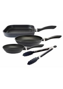 ELO Pfannen-Set »Alucast 4 teilig« Aluminiumguss Set, je 1 Bratpfanne Ø 20/24, 1 Grillpfanne Ø 28 cm, 1 Servierzange, 4 Stk. tlg. Induktion, inkl. 1...