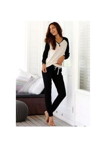 Buffalo , Damen , Schlafanzug 2 tlg. mit Zierknöpfen , schwarz , Pyjama mit Raglanärmeln