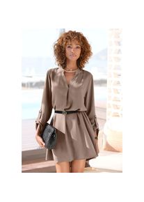 Lascana, Unisex, Lascana Longbluse mit G&uuml;rtel in Lederoptik, aus glatter Ware, lockeres Blusenkleid, taupe, 36, Tiefer V-Ausschnitt