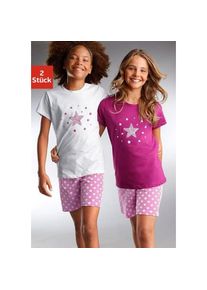 Petite Fleur, Unisex, Petite Fleur Pyjama Set, 2 St&uuml;ck, 4 tlg. modischer Sternendruck auf den Shirts und Hosen, wei&szlig;, beere, 98/104, Shorty im 2er-