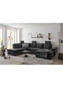 Wohnlandschaft »Alija U-Form« mit Bettfunktion, Bettkasten, Armteilverstellung & Kopfstützen , schwarz , ED EXCITING DESIGN