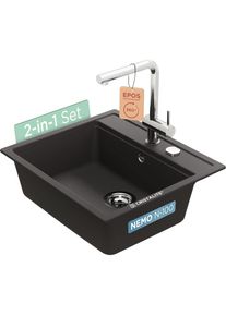 Schock, Granitsp&uuml;le &raquo;Nemo N-100 und Armatur Epos&laquo; Set, 2 Stk. tlg. bestehend aus Sp&uuml;le und Armatur, schwarz, silber, Domogranit, mittig