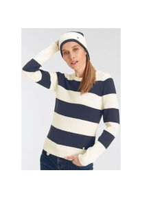 Delmao, Unisex, DELMAO Rundhalspullover Set, Pullover + M&uuml;tze, 2 Stk. mit passender M&uuml;tze und Blockstreifen, marine, 44/46, Pullover mit passender 