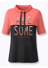 Witt Damen Stehkragenshirt mit Lettering-Druck, koralle-schwarz, Größe 42, 50% Modal, 44% Polyester, 6% Elasthan