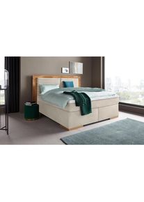 Places of Style, Places of Style Boxspringbett »Cup« mit Massivholzrahmen, mit Topper, in 2 Härtegraden, in 3 Breiten, beige, Bezug: Luxus-Microfaser 