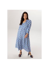 Aniston Plus, Unisex, Aniston PLUS Maxikleid in trendigem Dessin - NEUE KOLLEKTION, blau, wei&szlig;, schwarz, 52, N-Gr, V-Auschnitt mit Bindeband