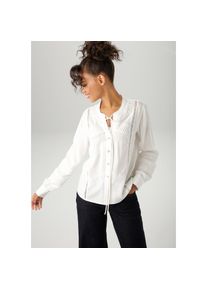 Aniston Casual, Unisex, Aniston CASUAL Hemdbluse aufw&auml;ndig mit verschiedenen Spitzen verziert, wollwei&szlig;, 42, Durchgekn&ouml;pfte Bluse aus weich fallender 
