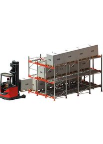 Rayonnage &agrave; palettes dynamiques, avec transporteurs &agrave; rouleaux (FILO), pour 36 palettes Europe