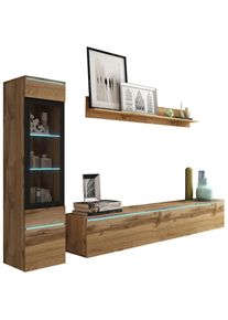 P & B Wohnwand , Eiche Wotan , Glas, Holzwerkstoff , 3-teilig , 3 F&auml;cher , kaltweiss , 210x130x33 cm , Fsc, Made in EU , stehend, h&auml;ngend, Beleuchtung, in verschiedenen Holzdekoren erh&auml;ltlich , Wohnzimmer, Wohnw&auml;nde, Komplette Wohnw&auml;nde