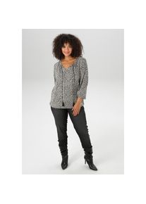 Aniston Plus, Unisex, Aniston PLUS Langarmshirt mit modischen Leoprint, sanftes wei&szlig;, schwarz, beige, 50, Rundhalsauschnitt kleinen V-Ausschnitt und 