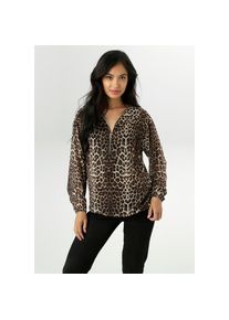 Aniston Selected, Unisex, Aniston SELECTED Chiffonbluse mit goldfarbenen Reissverschluss am Ausschnitt, braun, beige, schwarz, gold, 46, Bluse im 