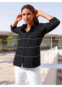 WITT Damen Hemdbluse mit Kontrast-Stickerei, schwarz-ecru, Gr&ouml;&szlig;e 48, 50% Baumwolle, 50% Polyester