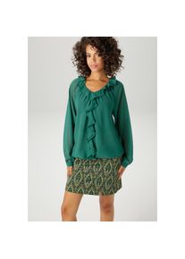 Aniston Casual, Unisex, Aniston CASUAL Schlupfbluse mit R&uuml;schen am V-Ausschnitt und im Vorderteil, tannengr&uuml;n, 42, Bluse in leicht transparenter 