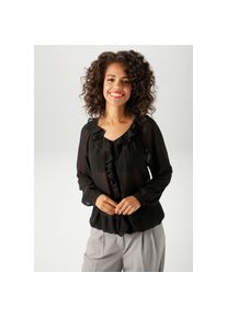 Aniston Casual, Unisex, Aniston CASUAL Schlupfbluse mit R&uuml;schen am V-Ausschnitt und im Vorderteil, schwarz, 46, Bluse in leicht transparenter 