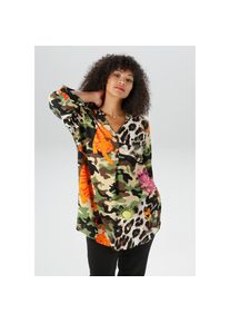 Aniston Plus, Unisex, Aniston PLUS Schluppenbluse mit extravaganten farbenfrohes Animaldessin, beige, schwarz, orange, pink, oliv, 46, Bluse aus weich