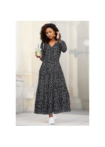 Lascana, Unisex, Lascana Maxikleid mit Blumenprint und Volants, locker bequemer Look, schwarz, creme, bedruckt, 42, N-Gr, Mit V-Ausschnitt