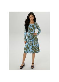 Aniston Selected, Unisex, Aniston SELECTED Jerseykleid mit gerafften Taillenbund, oliv hellblau, 42, N-Gr, Kleid mit fantasivollem Bl&auml;tter-, Bl&uuml;ten- 