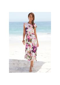 Beach Time Beachtime, Unisex, Midikleid mit Blumendruck und Gummizug, Sommerkleid, Strandkleid, wei&szlig; bedruckt, 38, N-Gr, Runder Halsausschnitt