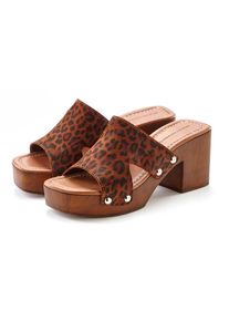 French Connection, Unisex, Pantolette Mule, Sandale, offener Schuh aus Leder mit Blockabsatz, leo, 41, Modischer Pantolette aus hochwertigem Leder 