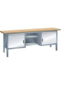 Werkbank, Gestellbauweise, 2 Schuladen, 2 T&uuml;ren, 4 Fachb&ouml;den, Korpus grau metallic, Front lichtgrau LISTA