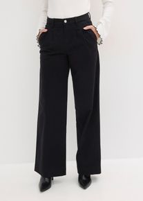 Wide-Leg Bundfalten-Hose mit Bequembund in schwarz, Gr&ouml;sse 44, 98% Baumwolle, bonprix