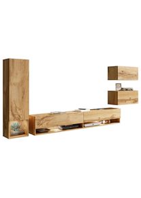 P & B Wohnwand , Eiche Wotan , Holzwerkstoff , 4-teilig , 5,1,1 F&auml;cher , kaltweiss , 270x130x32.5 cm , Fsc, Made in EU , h&auml;ngend, Beleuchtung , Wohnzimmer, Wohnw&auml;nde, Komplette Wohnw&auml;nde