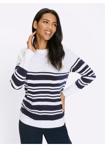 WITT Damen Langarm-Pullover mit goldfarbenen Kn&ouml;pfen, wei&szlig;-marine-geringelt, Gr&ouml;&szlig;e 50, 100% Polyacryl