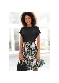 Buffalo, Unisex, Jerseykleid mit R&uuml;sche in der Taille und bedrucktem Rock, kurzes Sommerkleid, schwarz, rosa, bedruckt, 34, N-Gr, Strandkleid in 