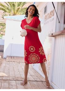 feel good Witt Damen Sommerkleid mit platziertem Druck am Saum, rot-schwarz, Gr&ouml;&szlig;e 48/50, 95% Viskose, 5% Elasthan