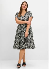 sheego Witt Damen Sommerkleid mit Smokbund und weitem Rock, schwarz bedruckt, Gr&ouml;&szlig;e 44, 100% Viskose