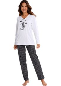 Damen Schlafanzug mit Katzen-Motiv weiss-schwarz-bedruckt