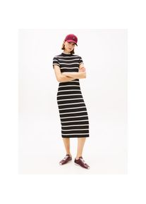 Tommy Hilfiger, Unisex, Jerseykleid &raquo;SLIM 5X2 RIB MOCK-NK SS DRS&laquo; in gerippter Struktur, schwarz, calico stp, XL (42), N-Gr, Langes Shirtkleid von 