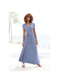 Lascana, Unisex, Lascana Maxikleid Eingrifftaschen mit Bindeg&uuml;rtel, Sommerkleid, Strandkleid, blau bedruckt, 34, N-Gr, Tiefer V-Ausschnitt in 