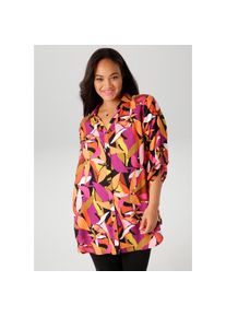 Aniston Plus, Unisex, Aniston PLUS Longbluse mit grossfl&auml;chigen, Bl&auml;ttern bedruckt, bunt, 48, Durchgekn&ouml;pfte Bluse aus weich fallender Viskose