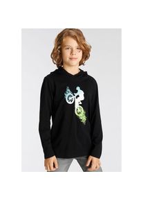 Kidsworld, Herren, Kidsworld Kapuzenshirt &raquo;BIKER&laquo; Langarm, sportlicher Stil, mit trendigem Druck, aus Baumwolle, schwarz, 128/134, Langarm-Design mit 