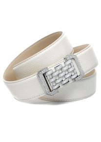 Anthoni Crown, Unisex, Lederg&uuml;rtel in Hirschpr&auml;gung, weiss, grafische Schliesse, wei&szlig;, 110, Hochwertiges Rindsleder