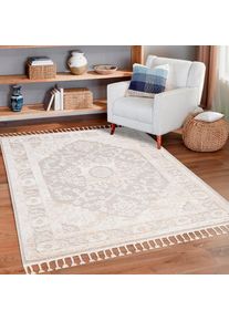 Goodproduct, GOODproduct Hochflor-Teppich &raquo;Bjelle&laquo; rechteckig 20 mm H&ouml;he L&auml;ufer, Boho-Stil, Ornamente, Hoch Tief Struktur, mit Fransen, creme, 